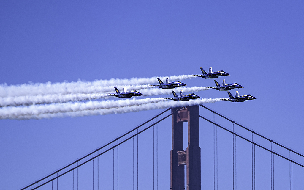 Blue Angels Flying Over Golden Gate Bridge by Tony Tam