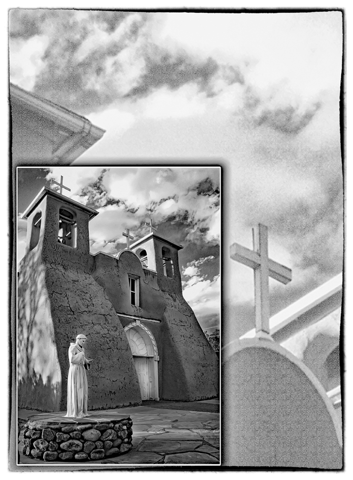Taos Mission church with overlay by Wes Odell