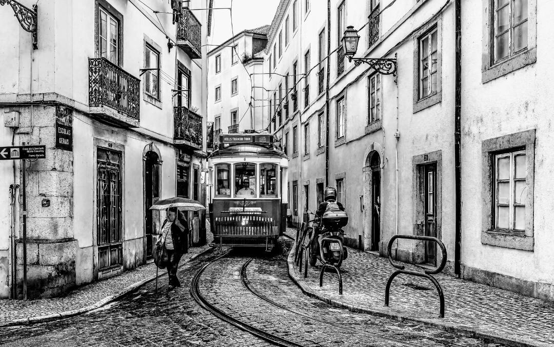 Tram on Narrow Street by Mandy Vien