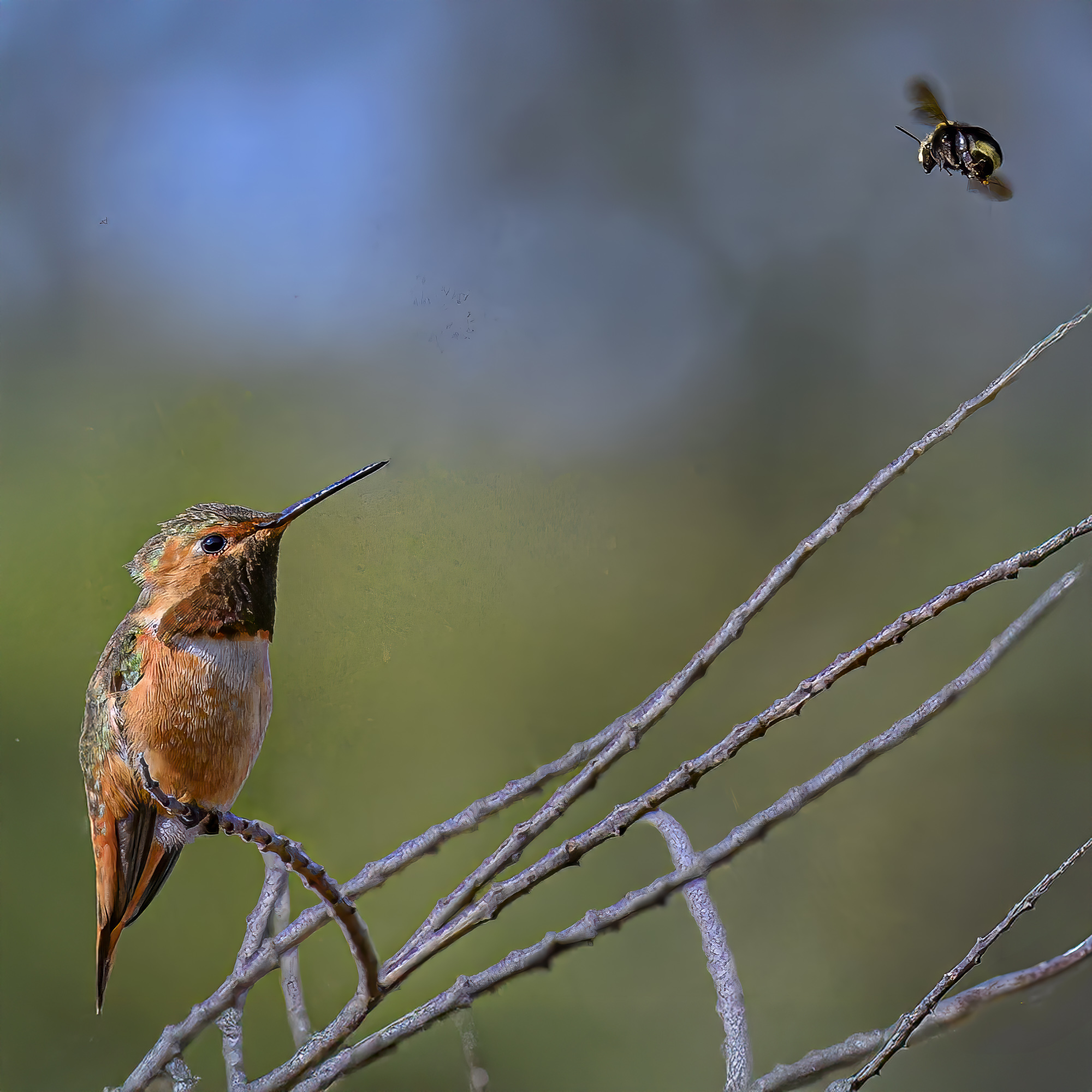 Allen's Hummingbird with Bumblebee by Bud Ralston