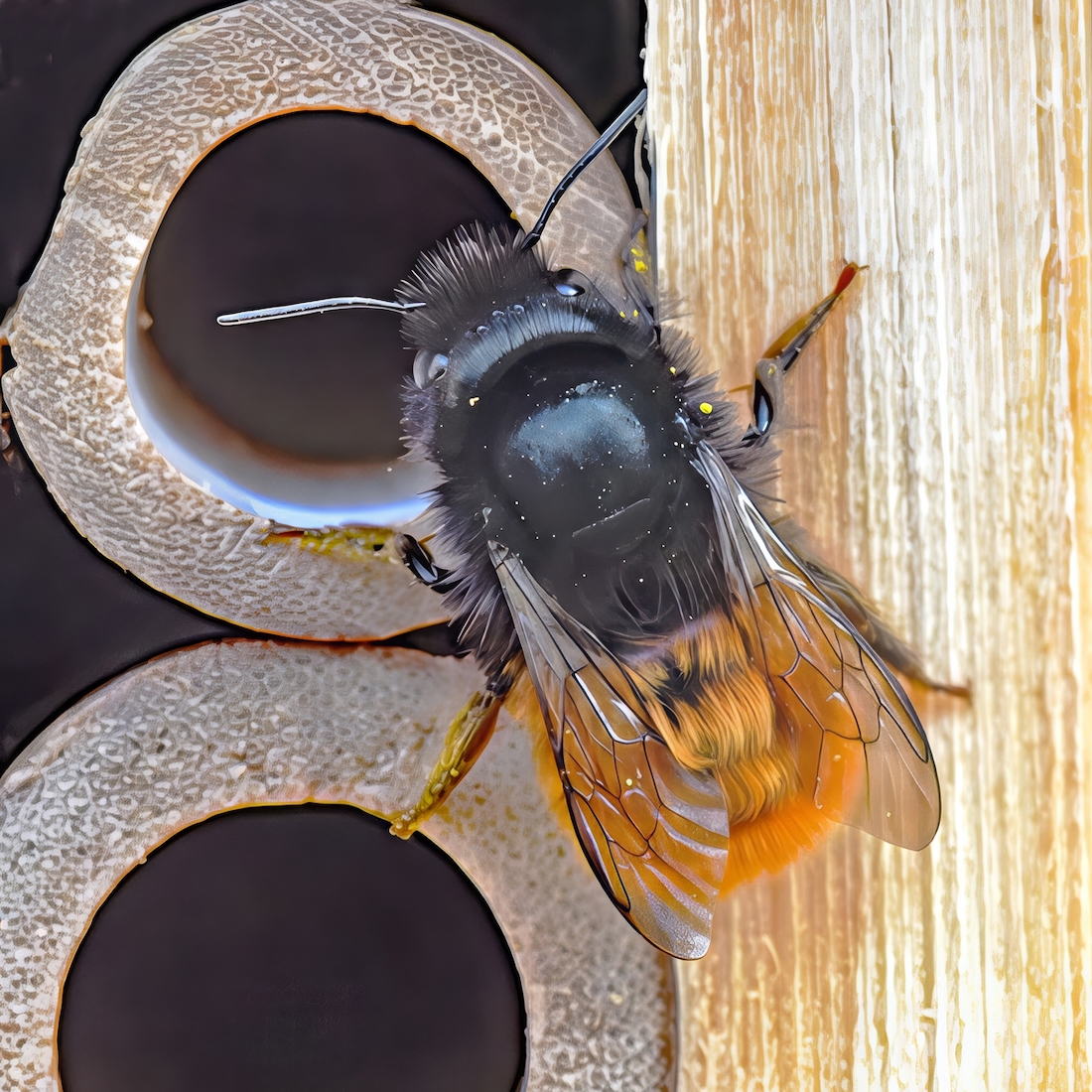 Solitary Bee Entering Nesting Box by Mike Cowdrey